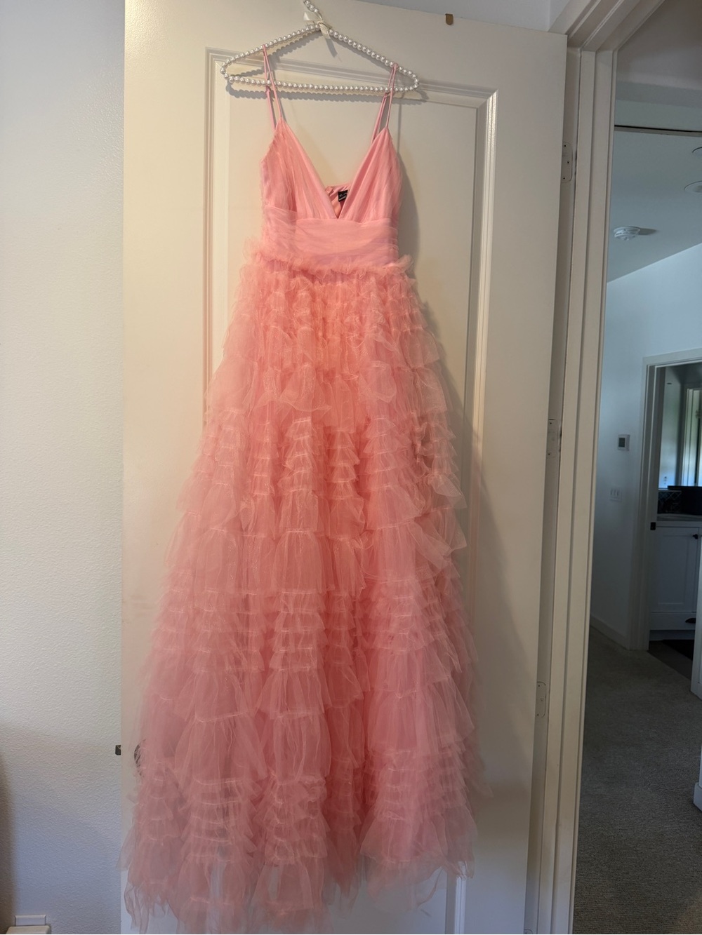 Windsor Pink Ruffled Tulle Gown with Spaghetti Straps